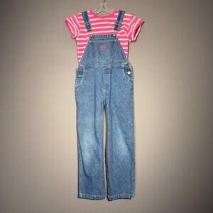MY TWINN Vintage Little Girls Bib Overalls & Pink Striped Tshirt Size M 7-8